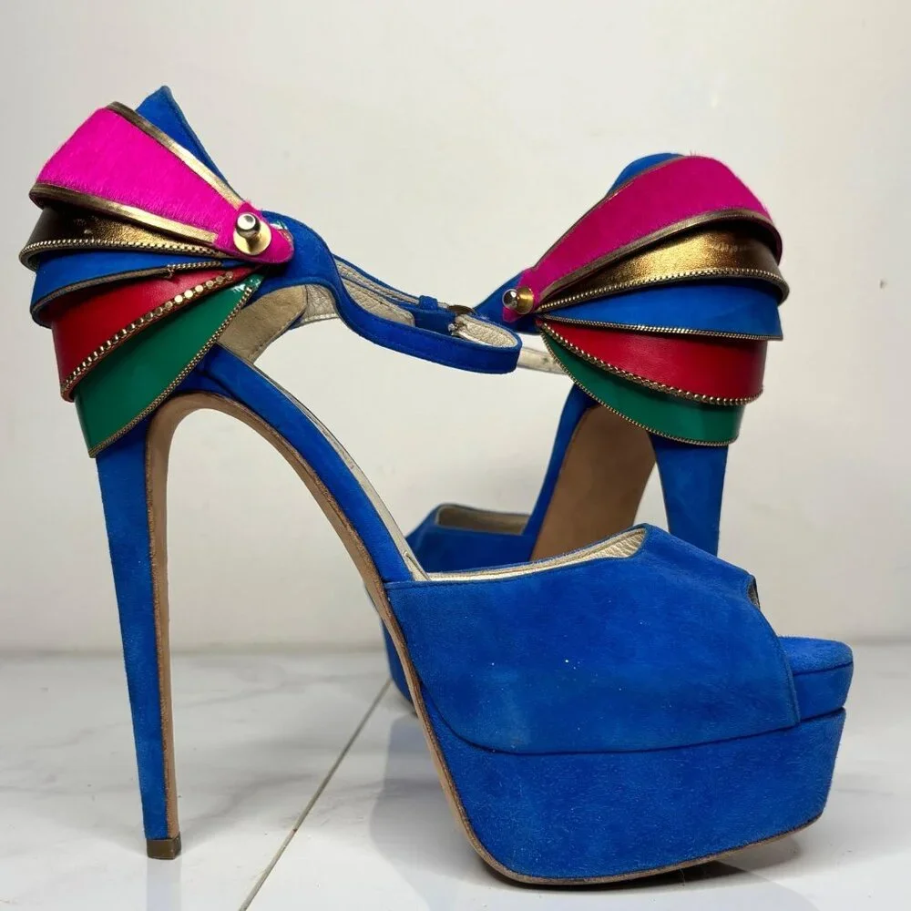 Brian Atwood TRIBECA Cuffed Blue Suede Platform Heels Multicolor Ankle Strap 37 - Picture 9 of 12